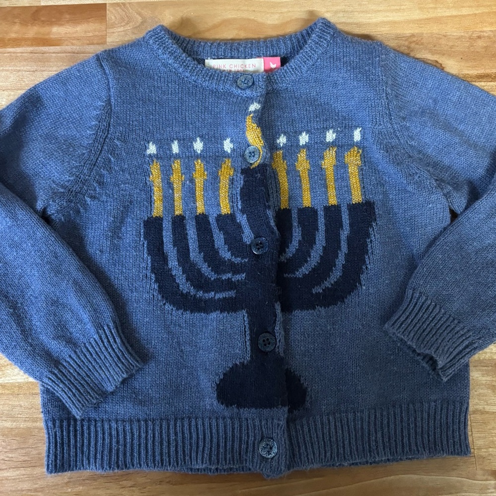 Pink chicken menorah sweater